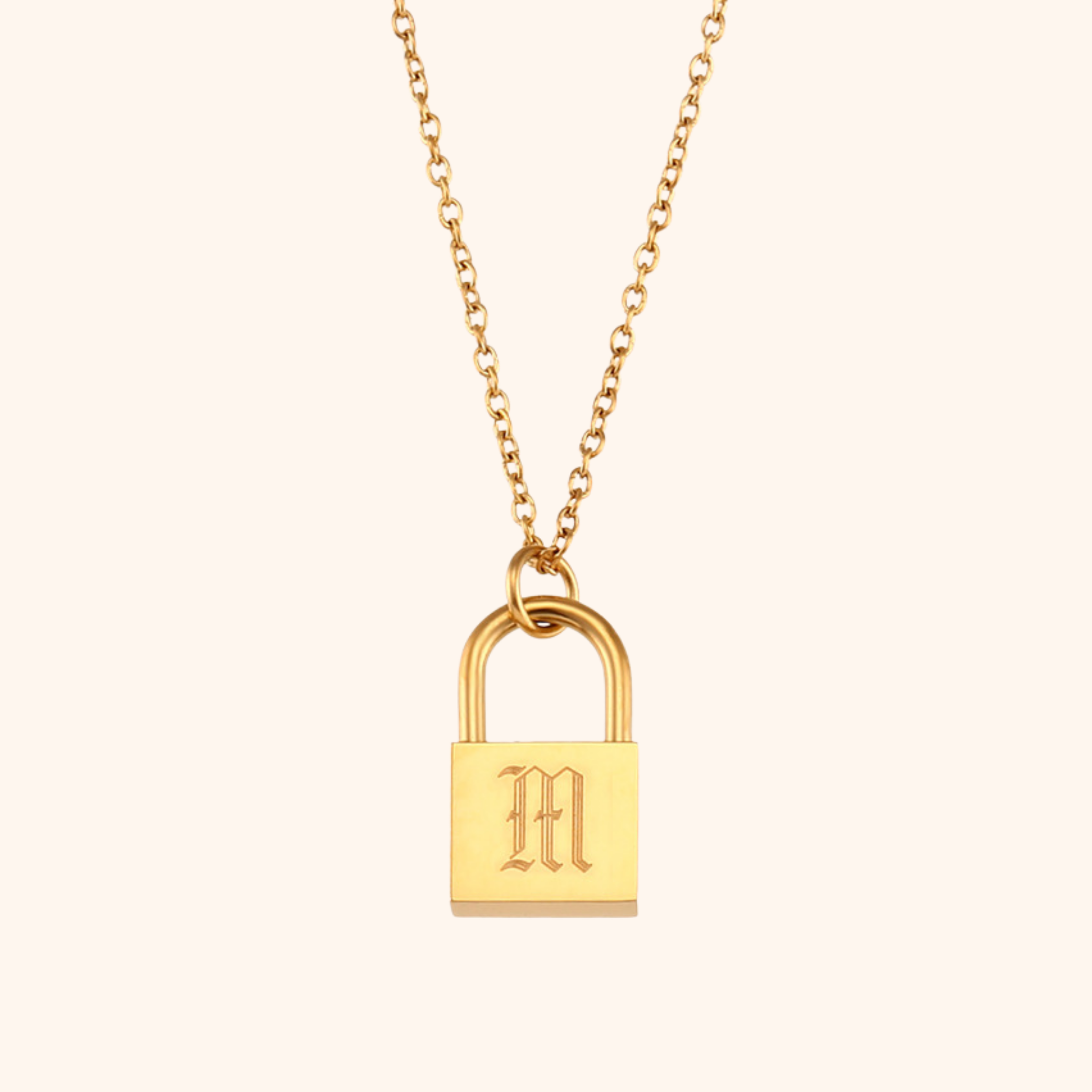 18k gold lock pendant necklace with engraved letter M